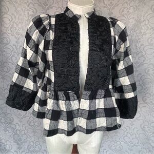 Vintage Black & White Checkered Buffalo Peplum Jacket Puff Sleeves Textured Sz S